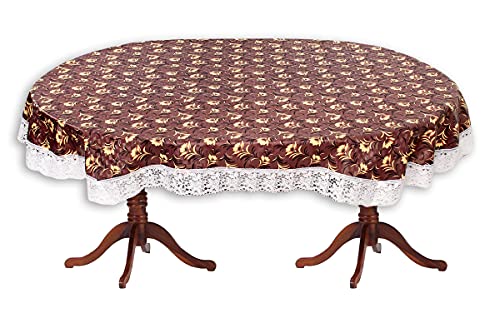 Image of The Furnishing Tree Waterproof PVC Oval Shaped 8 Seater Table Cover WxL 60x90 inches Floral Pattern Coffee Brown with White Border lace