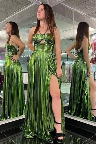 Yuxin Sparkly Metallic Prom Dresses with Slit for Women 2025 Halter Satin Long A Line Pleated Formal Evening Gowns 8683