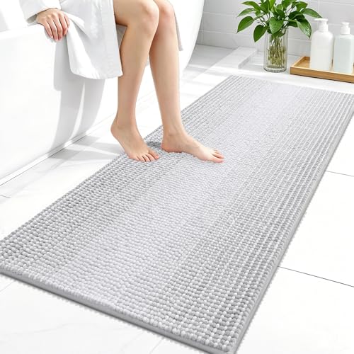 Image of OLANLY Bathroom Runner Rugs 44x24, Extra Soft Absorbent Chenille Striped Bath Rugs, Rubber Backing, Machine Wash Dry, Long Bath Mats for Bathroom, Tub, Shower, Home Decor Accessories, Light Grey