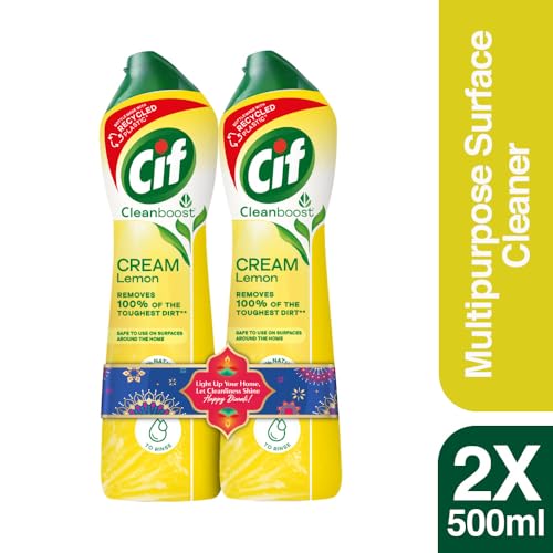 Image of Cif Lemon Abrasive Surface Cleaner Cream for Kitchen & Bathroom, Removes Grease, Dirt & Tough Stains with Natural Cleaning Particles, 2x500ml