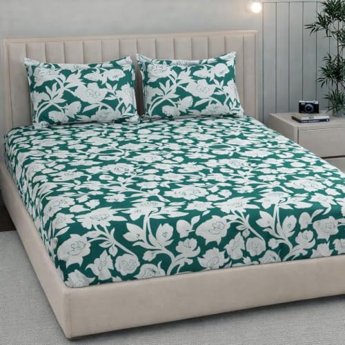 Image of 380 TC Premium Glace Cotton Elastic Fitted Bedsheet King Size with 2 Pillow Covers King Size | Double Bed with All Around Elastic (Green-White, Fitted - 72 inchx78 inch King)