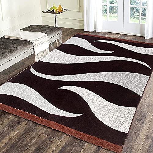 Image of Wave Design Sleek and Spacious Rectangular Chenille Carpet with Binding | Area Rug | Durries for Living Room, Bedroom | 5X7 Feet (210 Cmx152 Cm) Brown