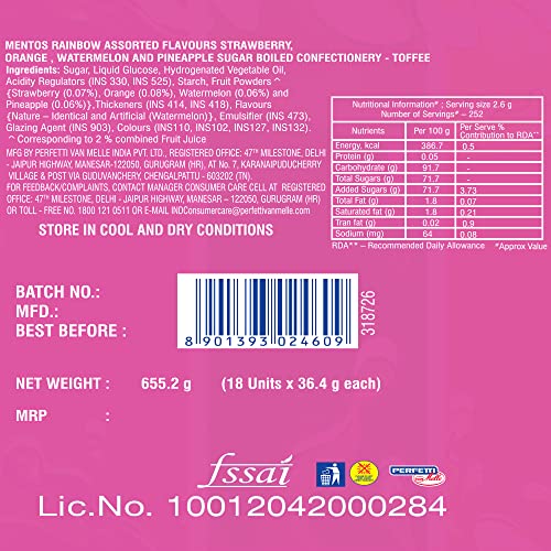Image of Mentos Chewy Dragee,Fruit Punch Rainbow Roll, Assorted Flavour, 655 Grams(Pack of 36 Sticks)