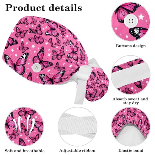 Image of Butterfly Scrub Cap Women with Ponytail & Buttons Adjustable Surgical Nurse Hat with Cotton Sweatband for Long Hair