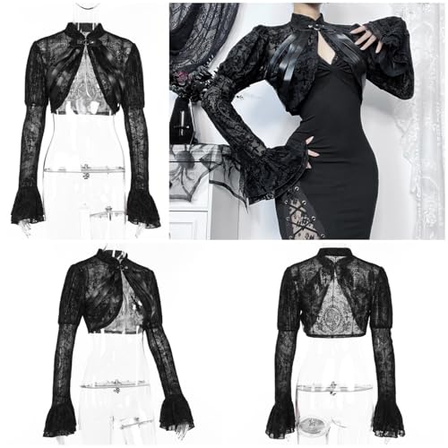 Image of Women Gothic Crop Top Shirt Y2K Black Bell Sleeve Shawl Cardigan