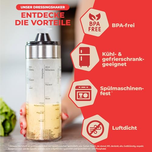 Foto von LALOB® Dressing Shaker – spülmaschienegeeignet - mit 5 Rezept-Skalen in 175 ml & 350 ml – Auslaufsicherer Salatsoßen-Schüttelbecher – Messbecher für Dressings, Marinaden & Vinaigrettes