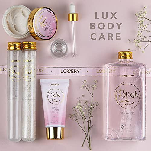 Bath Gift Set - Home Spa Gift Basket With Milky Coconut, Vitamin E & Shea Butter With Shower Gel, Bath Salt & Crystals, Body Scrub, Hand Cream, Body Oil, Bath Pillow, Wooden Crate & More #TOP3