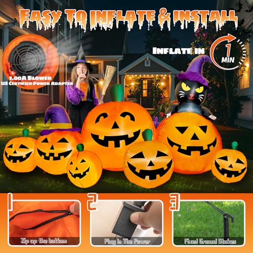 Image of 8 FT Long Halloween Inflatables Pumpkin Outdoor Decorations, 7 Pumpkins Outside Decoration with Black Cat with Build-in LEDs Blow Up Inflatables for Party Yard Lawn Garden Decor