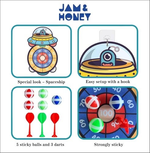 Image of Amazon Brand - Jam & Honey Dart Game for Kids Indoor & Outdoor Sports Game Target Toy Sets - Fabric Dart Board with 5 Sticky Velcro Balls and 3 Darts and 1 Hanger - Children's Toys Gifts (Spaceship)