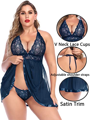 Image of Avidlove Women Plus Size Babydoll Lingerie Lace Chemise Mesh Sleepwear | Sexy Plus-sized Teddies V Neck Sheer Mesh Lace Babydoll Lingerie Dress Teddy Chemise Nighty Sleepwear L-5XL