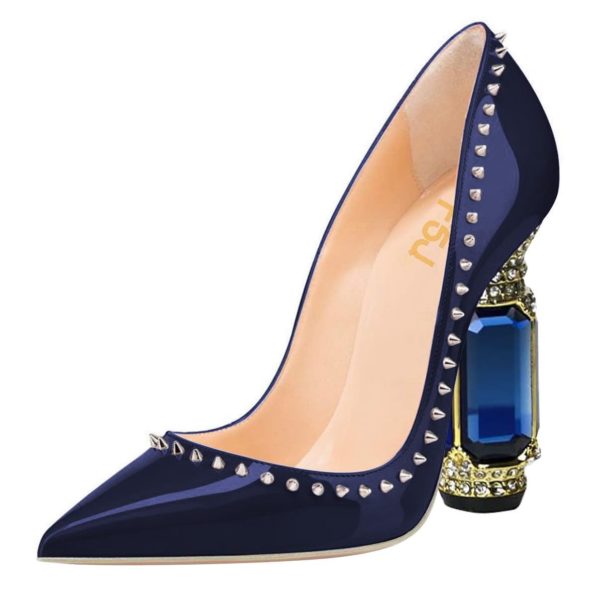 FSJ Women Bridal Pointed Toe Chunky Block High Heel Crystal Pumps Slip on Wedding Thick Comfort Evening Dress Studded Rivets Shoes