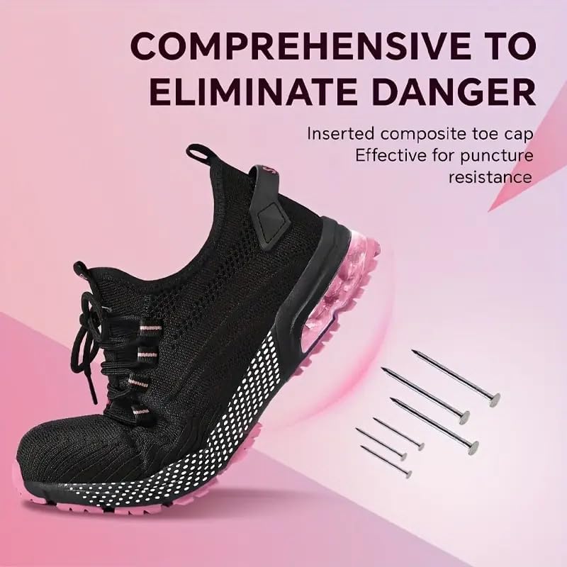 SPIEZ Composite Toe Safety Shoes for Women,Breathable Lightweight Non Slip Work Shoes,Air Cushion Safety Sneakers for Daily Casual Wear and Various Harsh Environments Black-Pink(4.5-10) - Image 6
