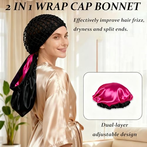 2026 Upgraded 2 In1 Silk Press Wrap Cap Bonnet Reversible, Double Layered Satin Bonnet with Adjustable Tie, Sleeping Hair Wrap for Curly, Natural and Long Braided Hair