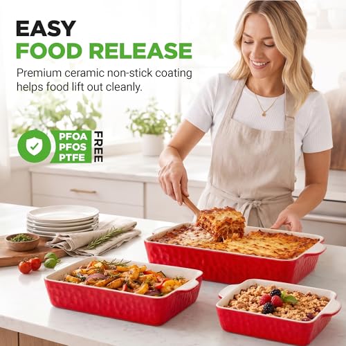 NutriChef 3-Piece Ceramic Casserole Dish for Oven - Premium Lasagna Baking Pans w/ Nonstick Coating & Built-In Handles - Dishwasher & Microwave Safe - 14" x 8", 10" x 6", 7" x 5" - Red - Image 3