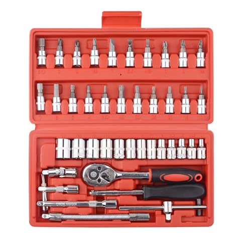 DAYUAN 46 Piece 1/4 Drive Socket Wrench Driver Bits Metric Set Flexible Extension Rods with 72 Teeth Reversible Ratchet Spanner for Car Bicycle Motor