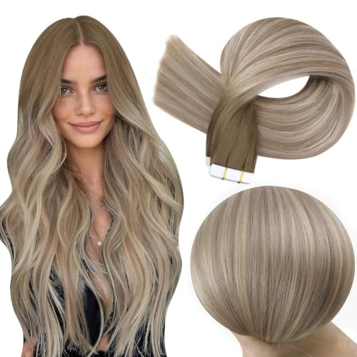 Full Shine Tape In Hair Extensions Human Hair, Ash Brown Blonde 14 Inch