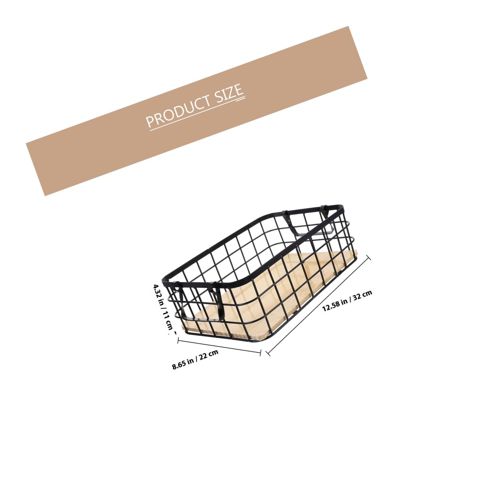 Cesta de Almacenamiento de Alambre Negra Asas de Hierro y Base de Madera | Organizador Multiuso para Cocina y Frutas, Diseño Sencillo y Práctico, Uso en Escritorio Doméstico