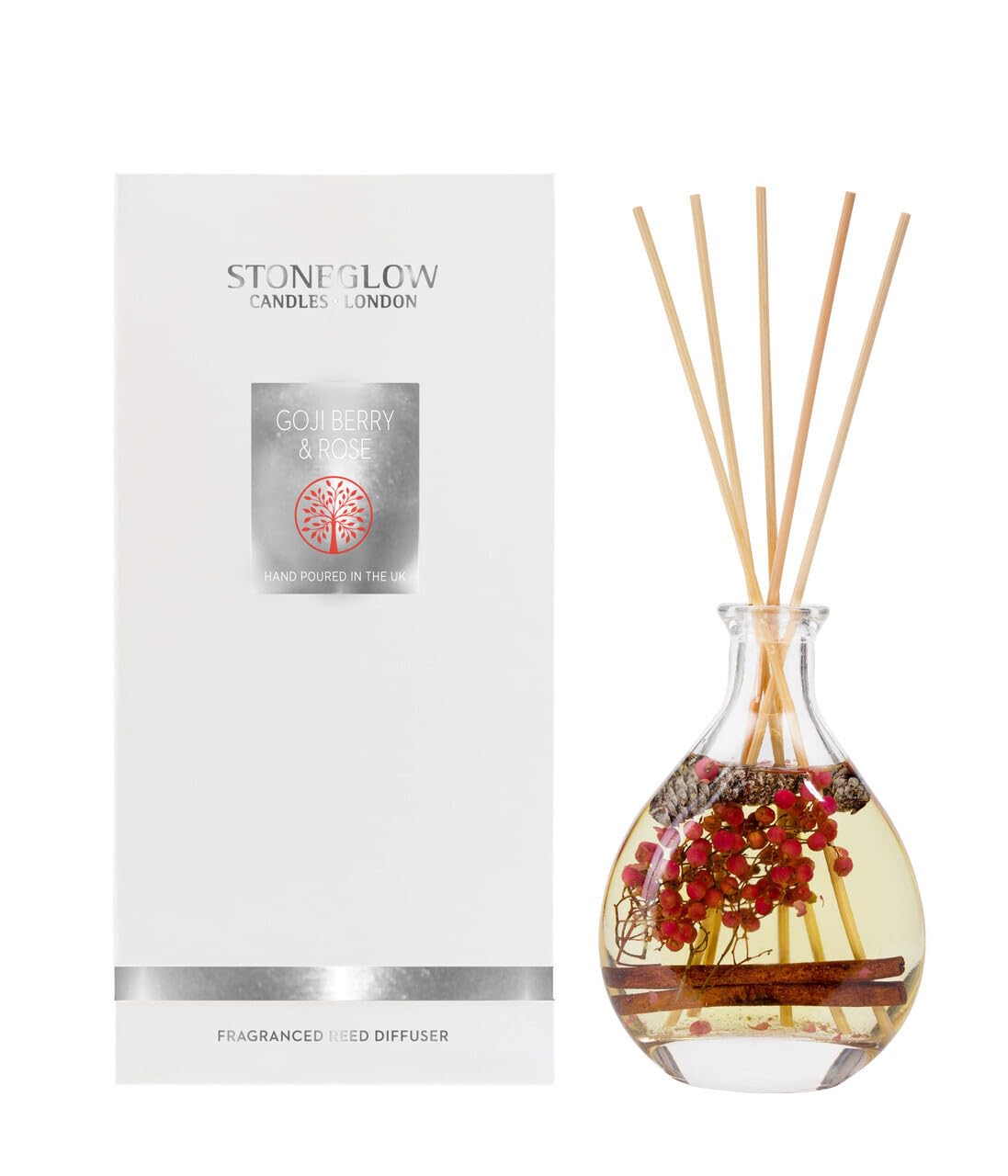 Stoneglow Nature's Gift Goji Berry & Rose Scented Reed Diffuser 180ml, Lasts 14 Weeks, 12 Rattan Reed Diffuser Sticks, Refillable & Reusable, Premium Air Freshener, Rose, Goji Berry & Vanilla Notes