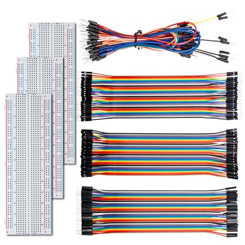 Miuzei Kit de câbles Breadboard Dupont Jumper – 3 x 830 points, 120 pièces de fil Dupont (F2F/F2M/M2M), 65 câbles de cavalier compatibles avec Arduino