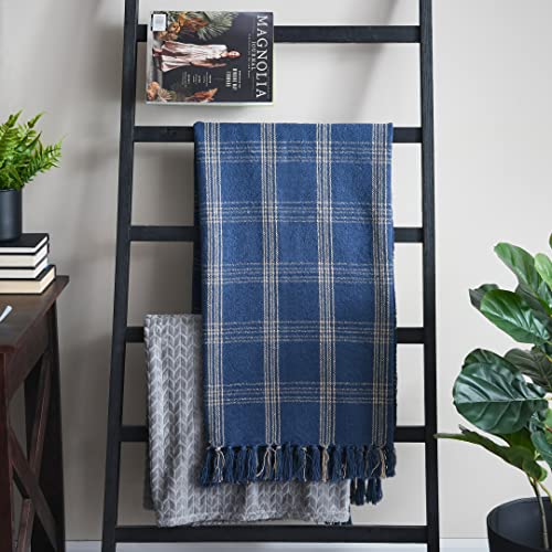 Image of Creative Co-Op Recycled Cotton Blend Throw Blanket with Fringe, Blue Plaid (Pack of 4)