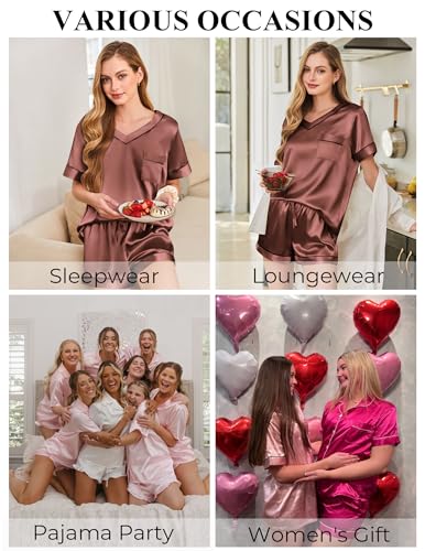 Image of Silk Pajamas for Women Short Sleeve Satin 2 Piece Pj Set Soft V Neck Sleepwear Loungewear, S-XXL
