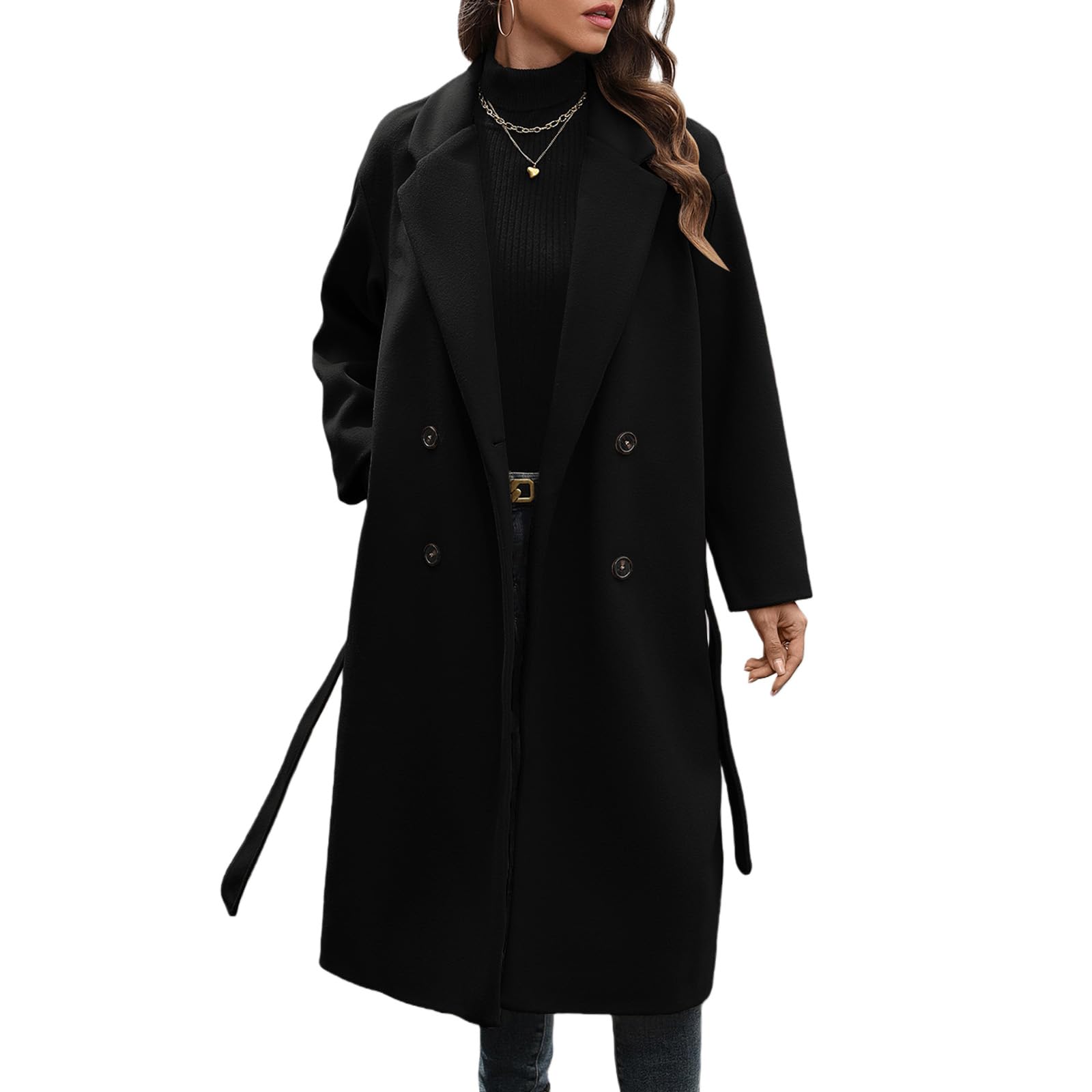 WOWULOVELY Womens Winter Double Breasted Wool Coat Long Sleeve Notched Collar Trench Long Oversized Button Down Overcoats