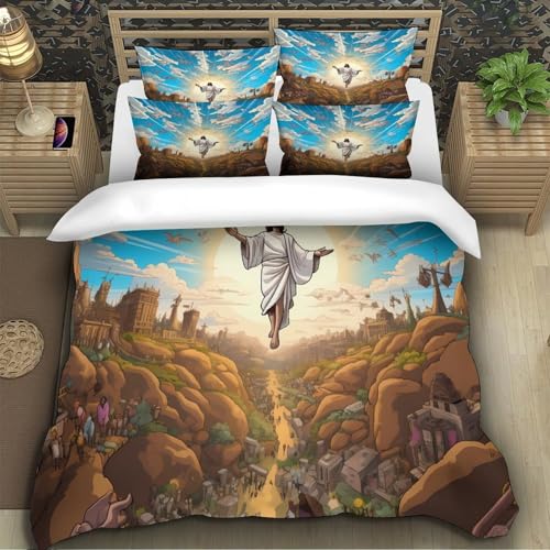 Drap de couette Jésus 3D religieux microfibre 220x240cm avec 2 taies d'oreiller