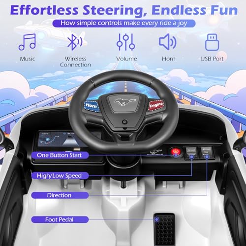 Image of Costzon Ride on Car, 12V Licensed Ford Mach E Kids Electric Vehicle with Parent Control, LED Lights, Horn, Music, Wireless Connection & Spring Suspension, Kids Car Toy for Girls Boys (White)