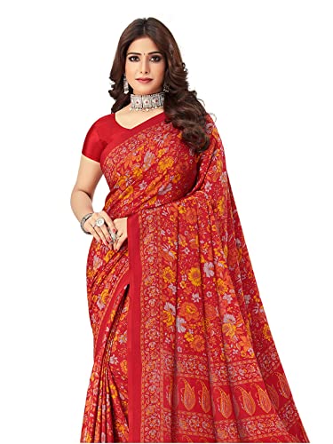 Image of SIRIL Women's Printed Silk Crepe Saree with Unstitched Blouse Piece