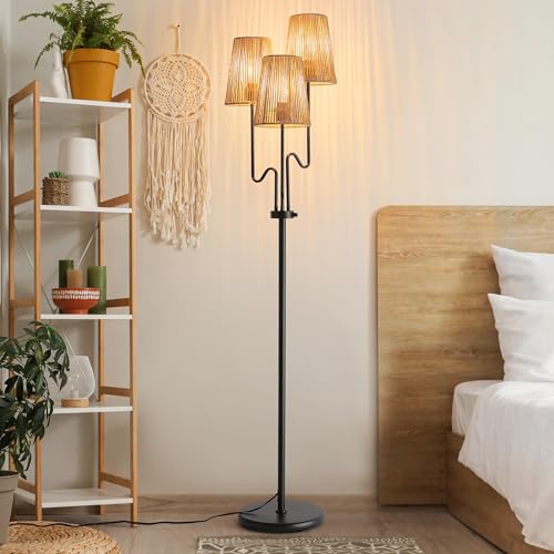 Image of Dimmable Floor Lamp, 68in. Boho Floor Lamps with Natural Shade, 3-Light Tree Lamp for Coastal, Beach or Bohemian Style Decor, E26 Socket, Rotary Switch Standing Lamp for Living room, Bedroom