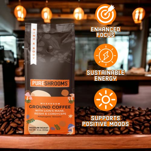 Ground Mushroom Coffee W/ Organic Lion's Mane, Reishi, Cordyceps - Nootropic Adaptogen Coffee Alternative/ Substitute, Natural Energy With No Jitters & Crash - 0 Sugar, No Preservatives Or Artificial Flavors, Non-Gmo & Soy-Free - Medium Roast - Made In North America (12 Oz, Mind & Body) #TOP3