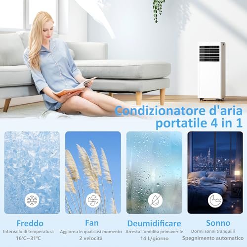 Homcom Condizionatore Portatile 5000BTU/H, 1.5Kw 4 In 1 Climatizzatore Portatile Classe A, Raffreddamento, Deumidificazione, Ventilatore, Modalità Sleep, Telecomando, Display, Timer24H, Copertura 12M² - 4