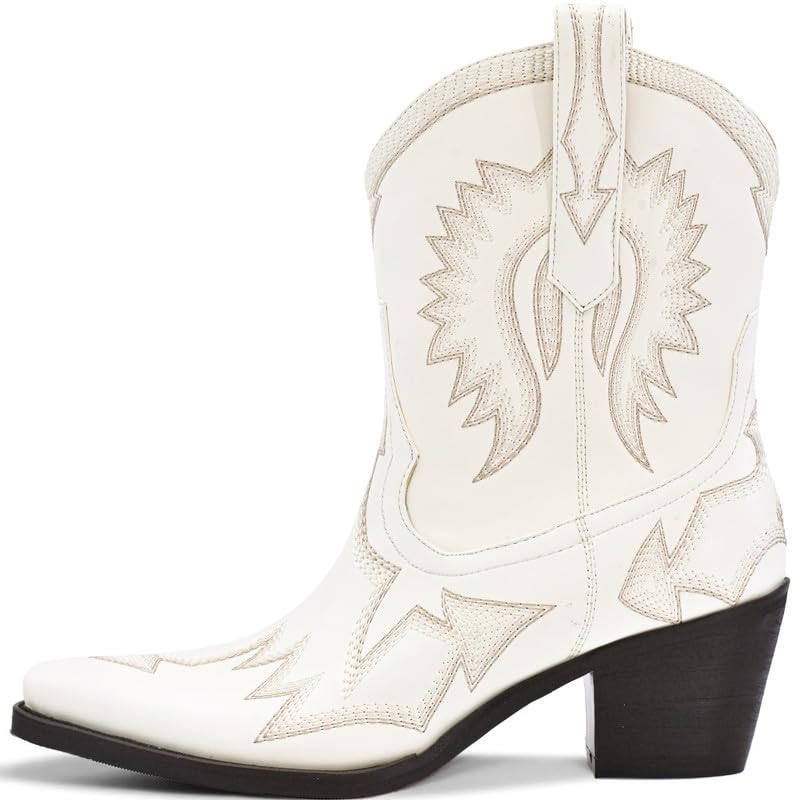 Image of HOCHFART Western Boots for Women Metallic Embroidered Pointed Toe Cowgirl Boots Chunky Heel Pull-On Short Cowboy Boots Wide Calf Country Ankle Boots