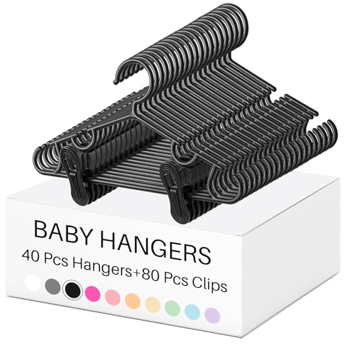 Image of Hsei 5/10/40 Pack Baby Hangers with 10/20/80 Clips, Plastic Kids Pants Hangers for Nursery Closet Top and Bottom Clothes Hanger Set for Newborn Infant Toddler(120 Packs Total,Black,10.6 Inch)