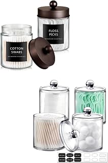 SheeChung Qtip Dispenser Holder 2pcs, Glass apothecary jars with Stainless Steel Lids &Stickers, 4 Pack. Plastic Acrylic Bathroom Vanity Countertop Canister Jars