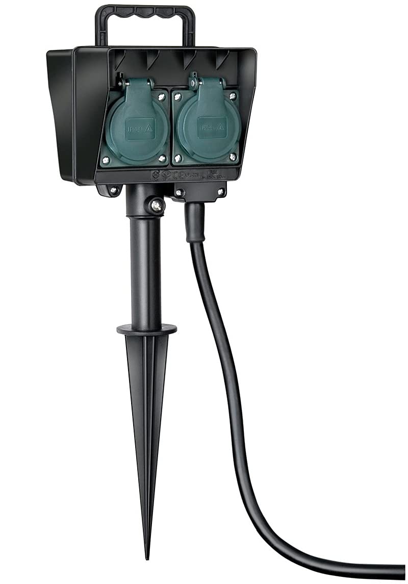 Brennenstuhl Enchufe de jardín o Exterior de 4 enchufes con estaca (plástico Resistente a la Intemperie, Enchufe Exterior con Carcasa Impermeable, Cable de 10 m), Color Negro