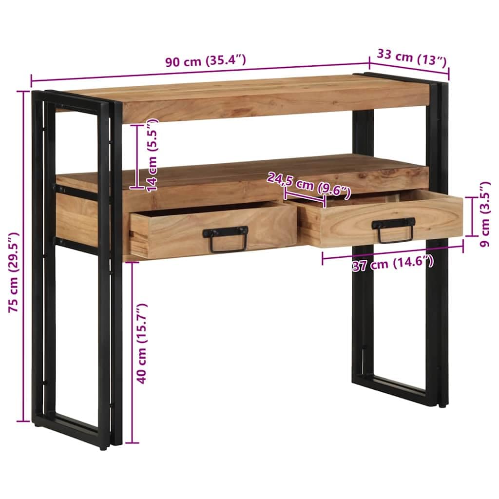 Tavolo consolle in legno massiccio di acacia, marrone, con ripiano e 2 cassetti, 90 x 33 x 75 cm, telaio in acciaio, per soggiorno, corridoio, camera da letto, come tavolino con pratico
