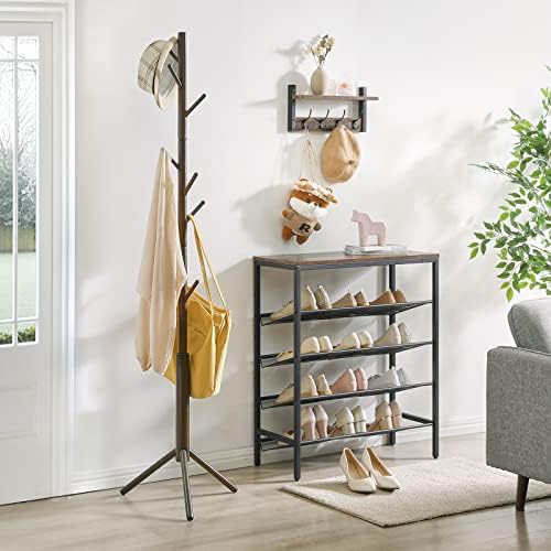YMYNY Coat Rack Freestanding, Wooden Coat Tree with 8 Hooks, Adjustable Hall Tree for Entryway, Living Room, Hallway, Bedroom, Coat Hanger for Hats, Handbags, Clothes, Purse, Umbrella, Brown HCR001H