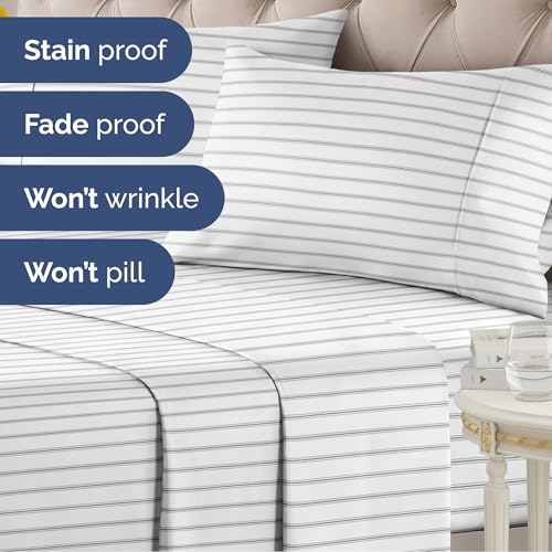 Image of Full 4 Piece Striped Sheet Set - Soft, Breathable & Cooling - Double Black | 1 Flat, 1 Fitted & 2 Pillowcases w / Deep Pockets, Luxury Striped Bedding, Soft, Breathable & Cooling, Wrinkle & Fade Free