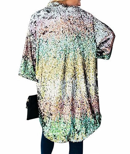 SEMATOMALA Women's Sequin Open Front Long Blazer 3/4 Sleeve Sparkly Duster Cardigans Glitter Shiny Party Festival Outfits2