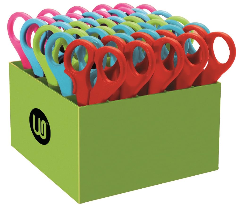 WONDAY - Pack 25 Ciseaux Enfants bouts Ronds avec son range-ciseaux. Pour Droitiers et Gauchers.