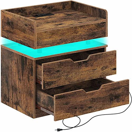 Rolanstar Mesita de noche con estación de carga y luces LED, mesa auxiliar moderna con 2 cajones, gran capacidad de armario de almacenamiento y estante, adecuada para dormitorio, amarillo Cover