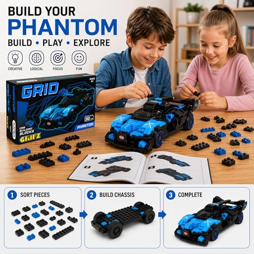Image of GRIPZ Grid Car Building Blocks Set for Kids 6+ | DIY Construction Toy Vehicles | Educational STEM Building Kit | Creative Brick Toy Set for Boys & Girls (Phantom)