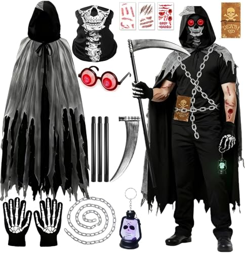 iZoeL Costume Faucheur Halloween Faucheuse Deguisement Halloween Homme Femme - Cape Masque Scythe Chaines Lampes Faux Yeux Gants Carnet Notes