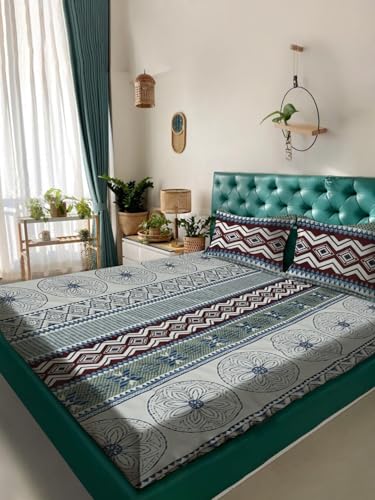Image of ROSARAHOME 180 TC Microfiber Flat Queen Size Double Bed Bedsheet with 2 Pillow Cover| Bedsheet:240cmx225cm Pillow Covers:45cmx70cm,Ethnic Multicolor