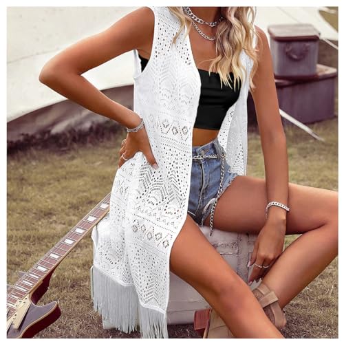 Image of MakeMeChic Women's Fringe Vest Sleeveless Crochet Open Front Vintage Western Sweaters Cowboy Cardigan