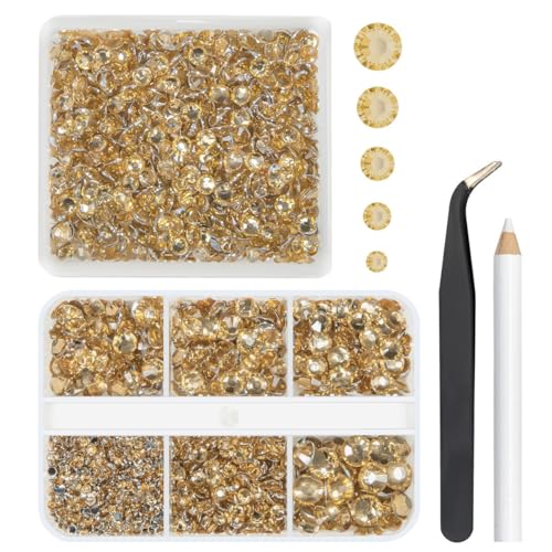 qiipii 3060PCS Champagne Gold Resin Crystal Rhinestones Flatback Golden Stones 2mm 3mm 4mm 5mm 6mm No-Hotfix Gems Crystals Diamonds for Nails Face Eyes Makeup Tumblers Bottles DIY Crafts Clothes Shoes