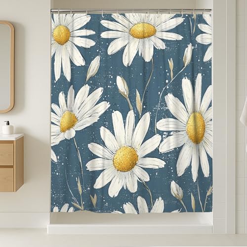 Cortina de ducha extralarga de crisantemo, diseño floral moderno de hojas de tallo azul primavera, poliéster, impermeable, diseño impreso, cortinas de baño para baño, decoración de habitación de