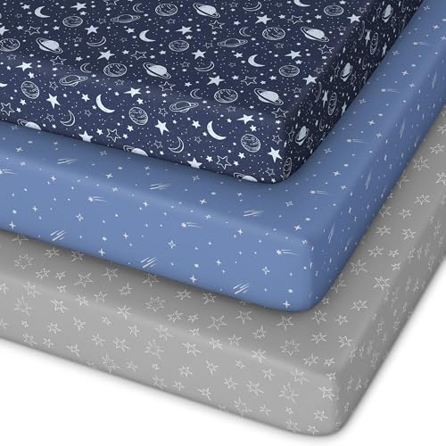 Image of Unnivoll Pack and Play Sheets Fitted 3 Pack, Mini Crib Sheets for Pack N Play Mattress Stretchy Portable Playard Sheets, Soft Breathable Blue Gray Planet