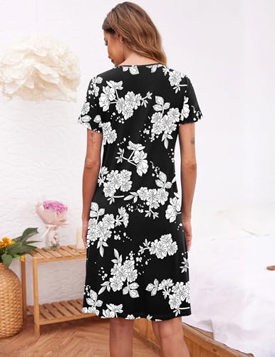 Image of Ekouaer Women's Nightshirt Short Sleeve Button Down Nightgown V-Neck Sleepwear Pajama Dress
